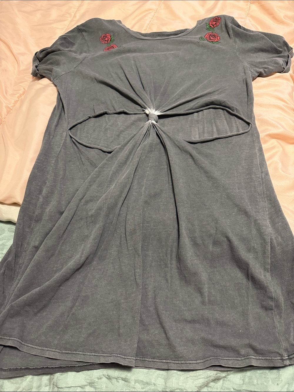 Expressions Gray Short-Sleeve Top with Red Rose Embroidery and Knot-Back
